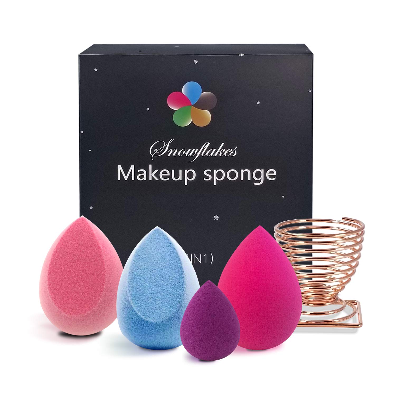 Snowflakes Multi-Color Microfiber Velvet Makeup with Beauty Sponge Holder Set 5 PCS, Flawless Blender Sponge for Foundations, Powders and Creams,Latex-Free.