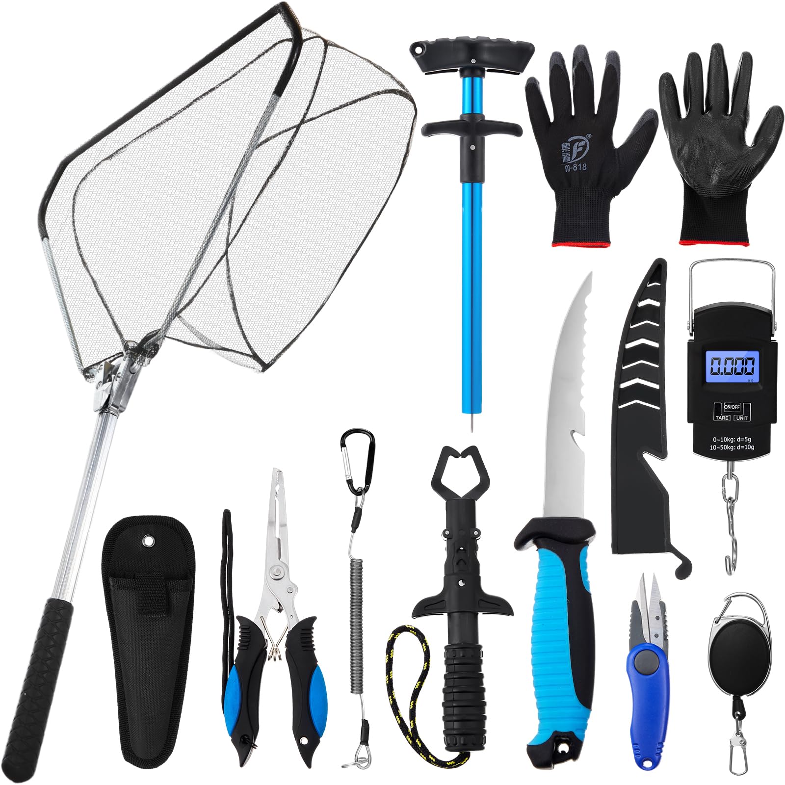 RoundFunny 10 Pcs Fishing Tool Kit, Fishing Pliers with Lanyard and Protective Sheaths, Landing Net, Fillet Knife, Fish Scale, Gripper, Hook Remover, Braid Scissors, Gloves for Men Dad Gift