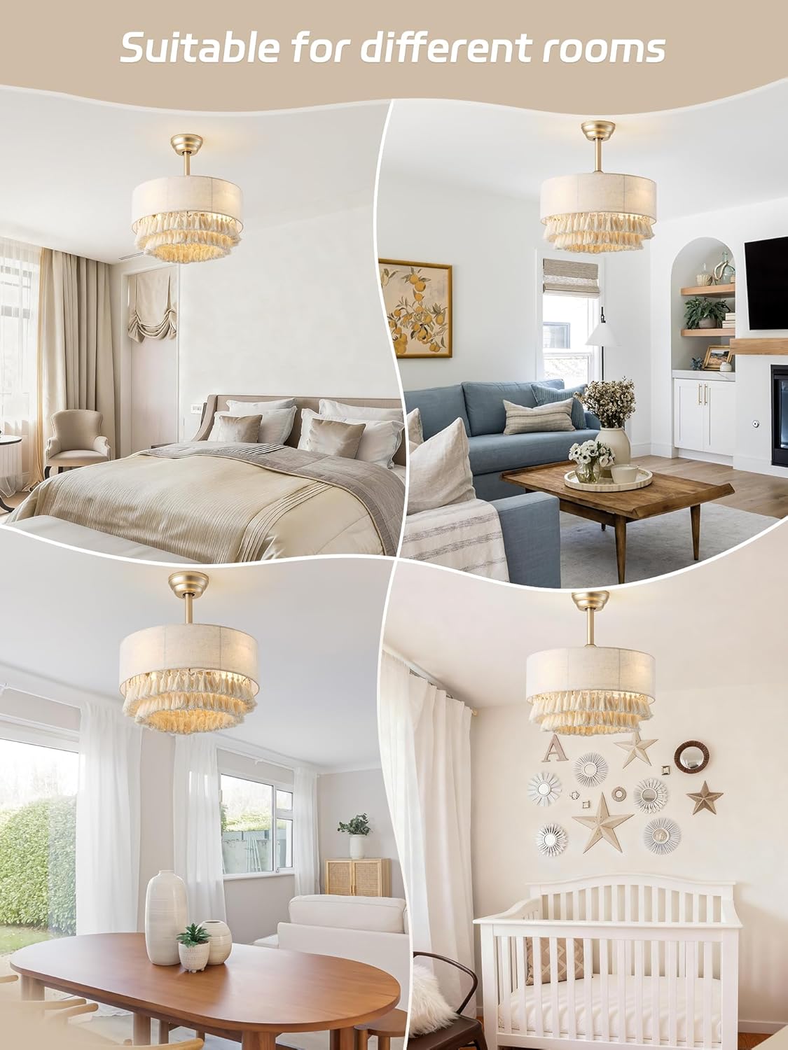 20" Gold Boho Fandelier Ceiling Fan with Light, Gold Boho Chandelier Ceiling Fans with Lights Remote Control, Caged 6-Speed for Bedroom, Nursery, Living Room