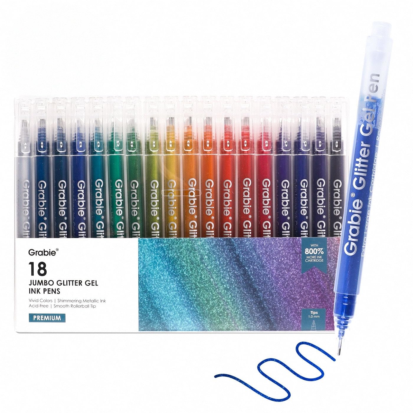 Grabie Jumbo Glitter Gel Ink Pen Set Of 18, Metallic Vibrant Sparkle Gel Pens for Coloring, Sparkle Markers, Glitter Pens for Adults (18 Colors Jumbo