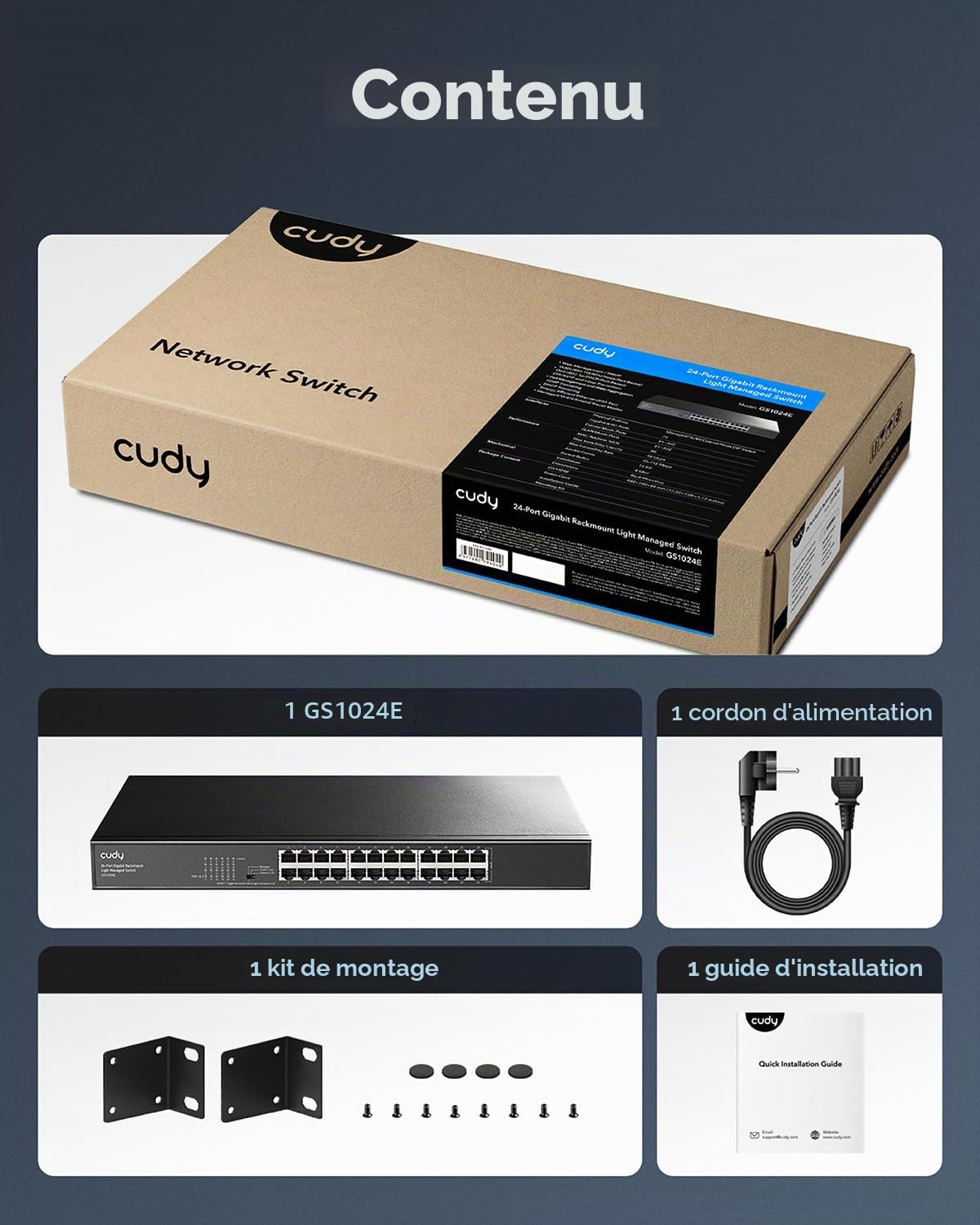 Cudy Commutateur Intelligent Gigabit à 24 Ports, 48 Gbit/s, GS1024E | 24 ports GbE, transfert à débit de ligne, isolation des ports/mode 250 m, boîtier SPCC, 440 × 180 × 44 mm, silencieux