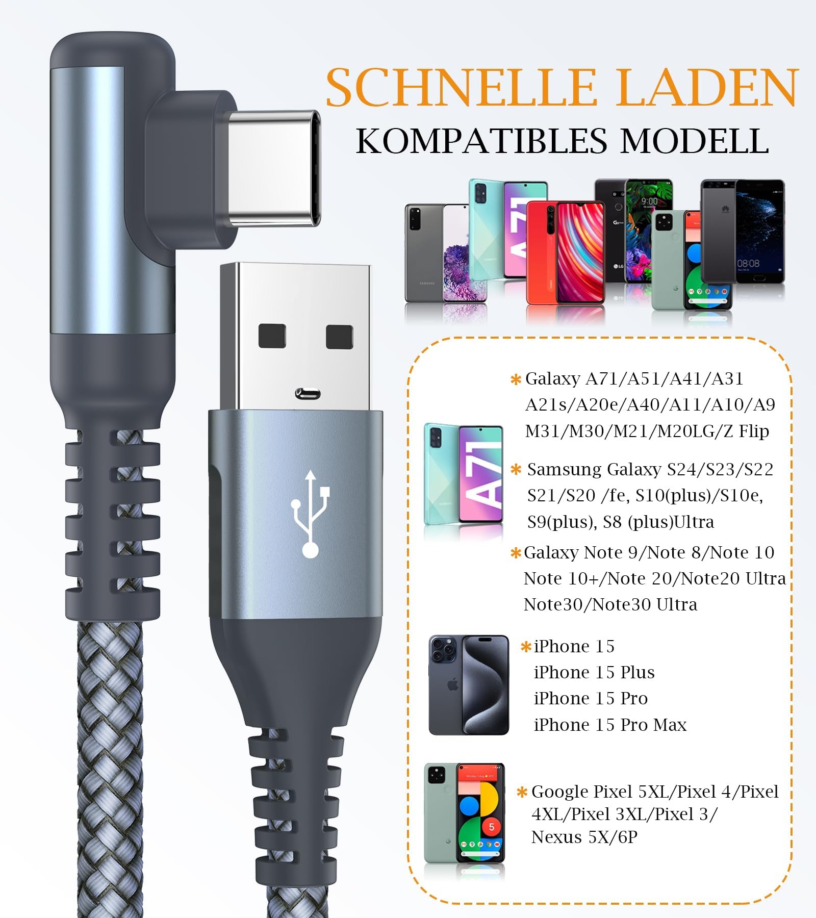 Cavo USB C 90 gradi [3 pezzi 1m+2m+3m] 3.1A ricarica rapida, cavo usb type-c cavo di ricarica per Compatibile con i Phone 17 16 15 Pro Max Air,Samsung Galaxy S25/S24/S23/S22/S21 Hua wei/Xiaomi,Pixel