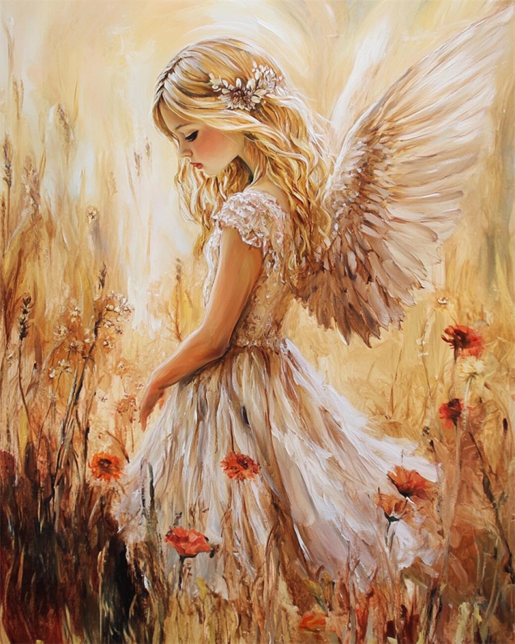 RKFLGEW 14CT Stamped Cross Stitch Kit Angel Girl Oil Painting DIY Embroidery for Adults Beginner Needlework Kit with Patterns Needlepoint Art 40x50cm