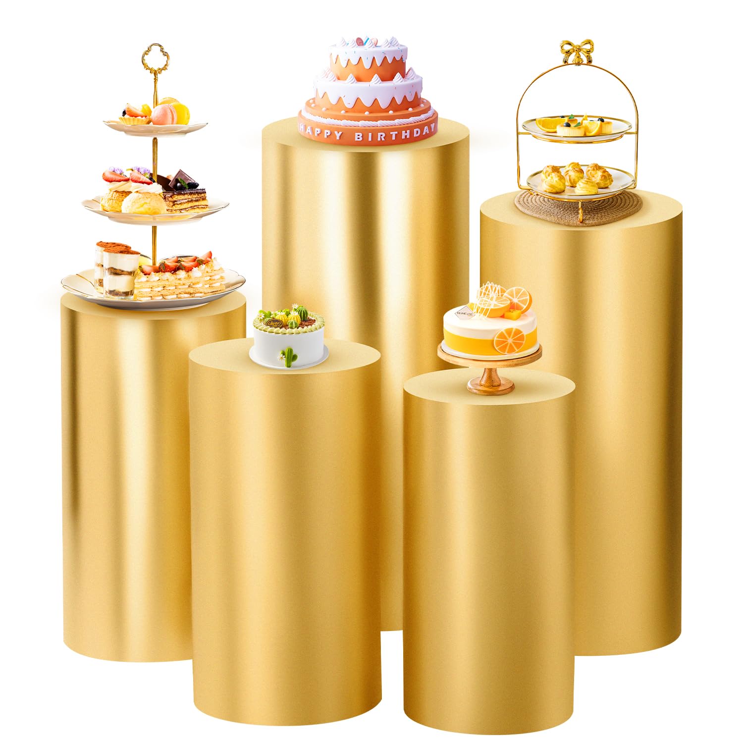 Set of 5 - Gold Cylinder Pedestal Stand Covers, Flexible Cylinder Stand Covers for Party, Wedding or Birthday Event Decor - Only Contains Cylinder Covers