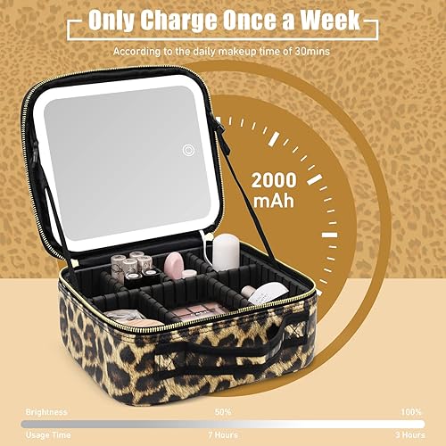 Miniatura 10 de Bolsa de maquillaje con espejo de luz LED, estuche de viaje para maquillaje, organizador de bolsas de cosméticos con divisores ajustables, estuche