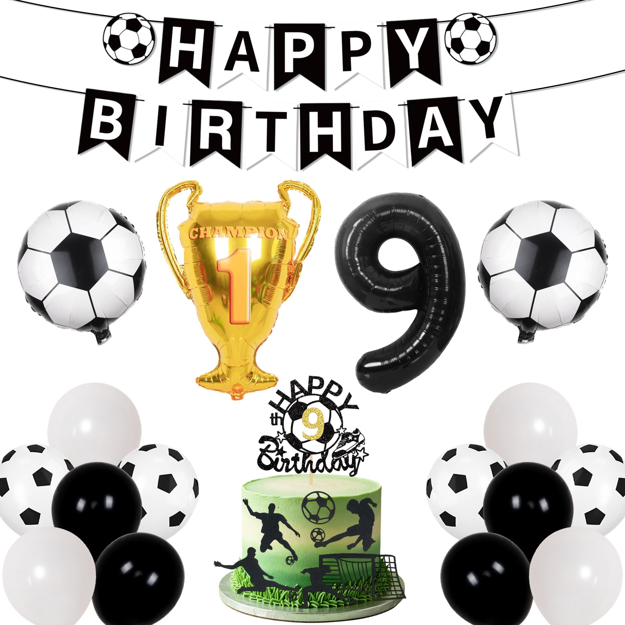LaVenty Football Balloon 9th Birthday Black Balloon Football Cake Cupcake Decor Topper for Boy's 9th Birthday Party Decoration