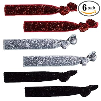 Mia Tony Ties 2 in 1 Hair Ties + Bracelets, Basic Knotted Elastic Ribbon Rubber Bands Hair Accessory, Sparkly Giltter Red, Silver, Black 2pcks/6pcs