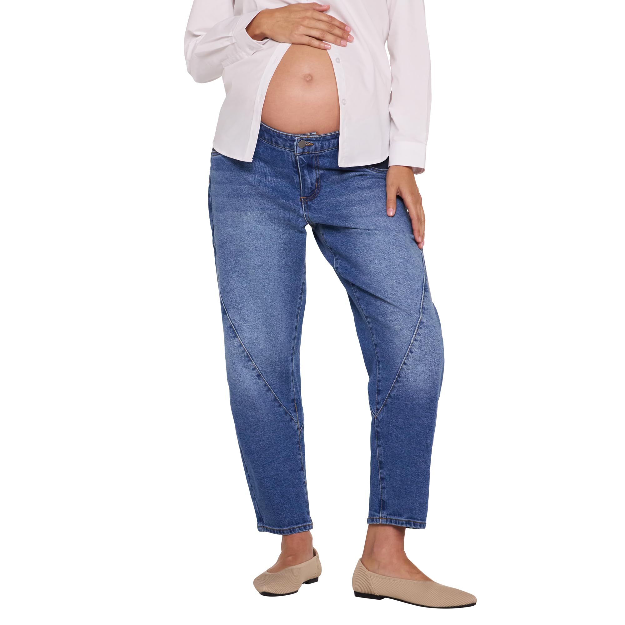 Motherhood Maternity Women's Under The Belly Elastic Waist Barrel Leg Pregnancy Jeans, Medium Wash, Large