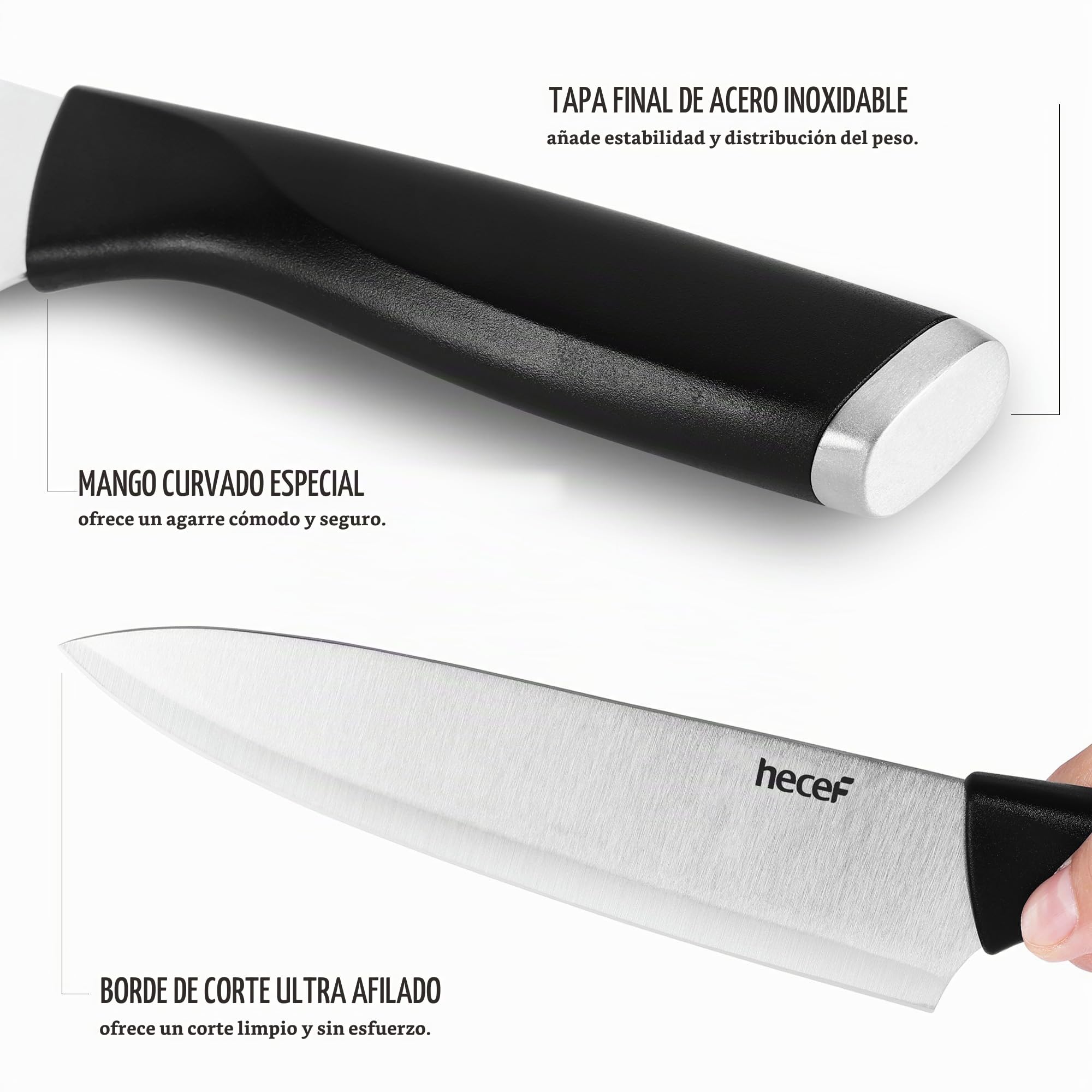 hecef Juego de Cuchillos con Bloque 7 Piezas, Afilado Hoja de Acero Inoxidable con Mango Curvo Especial para Chef y Aficionados a la Cocina, Negro