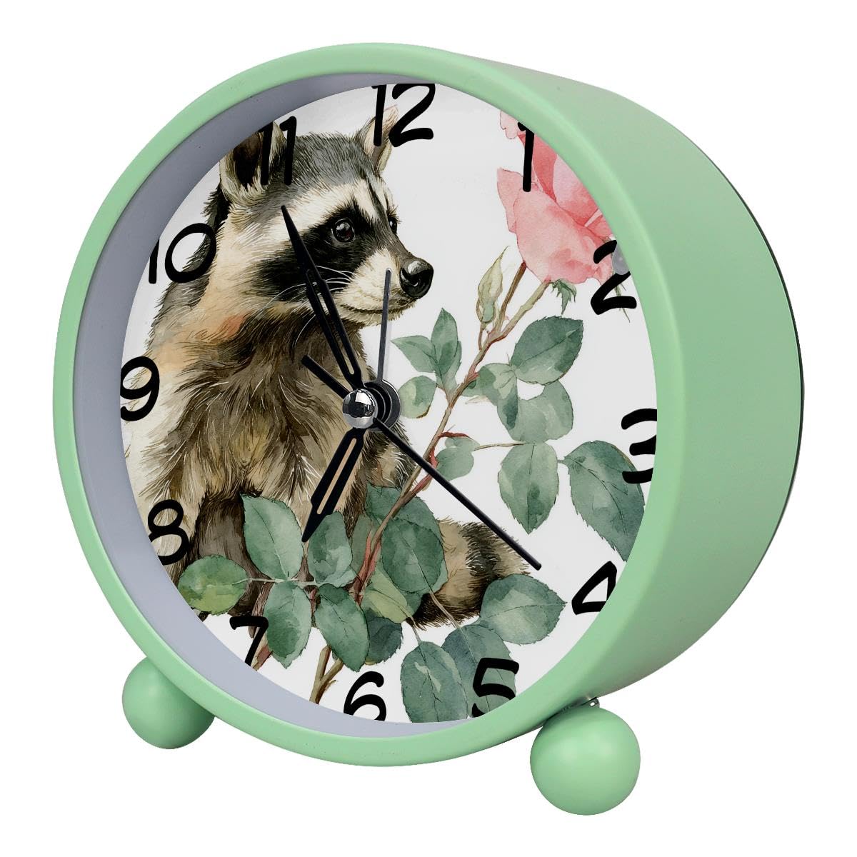 Luoweisi Analog Alarm Clock Raccoon Rose, Silent Non-Ticking with Night Light, Battery Operated, Round Desk Alarm Clock for Office, Bedroom, Elderly, Adults, Children, Student Gifts