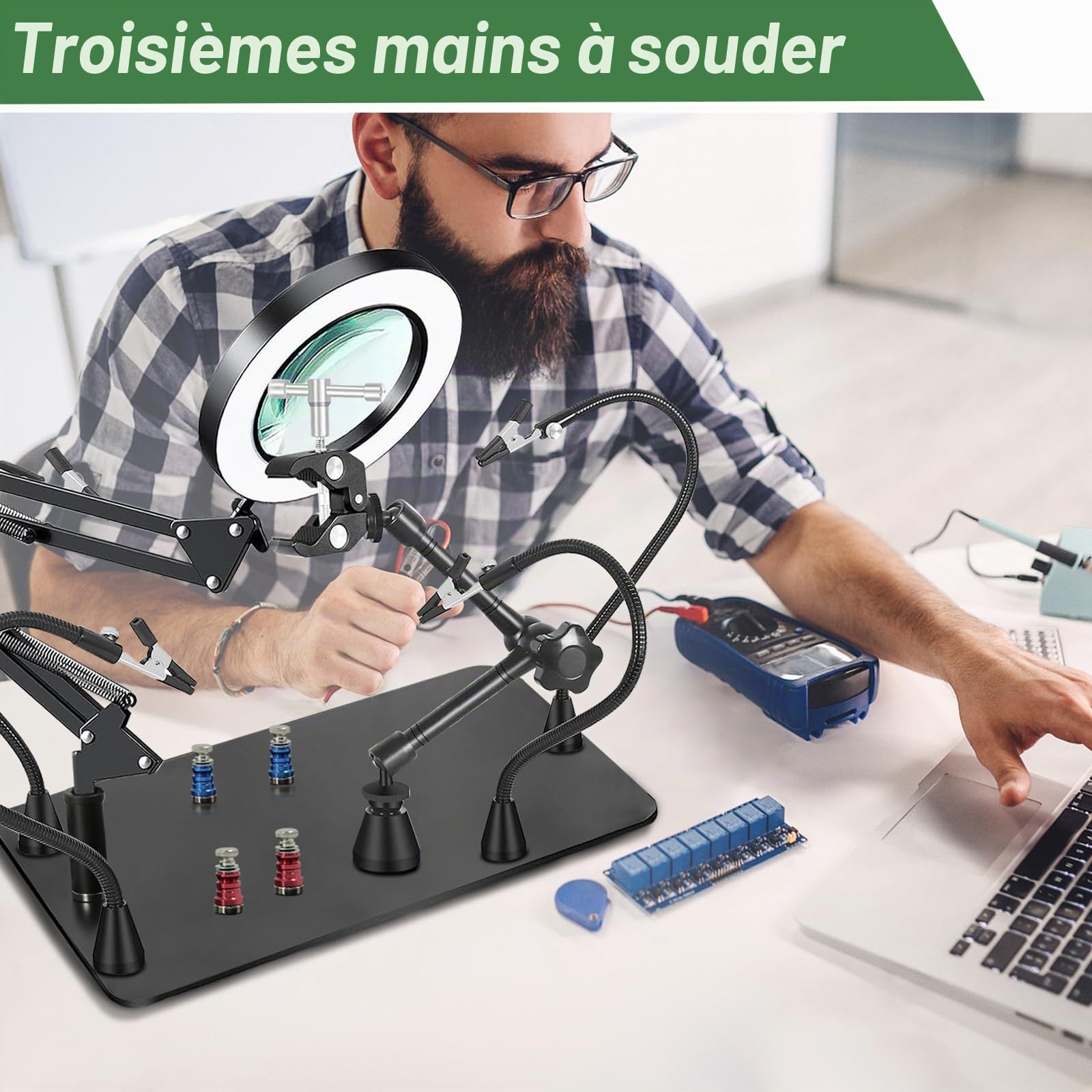 Troisième main - Aide à la soudure magnétique avec loupe 10X - Station de soudage avec 4 colonnes PCB - 4 bras flexibles et 1 bras de support mécanique - Aide à la soudure pour soudeurs, bijoutiers
