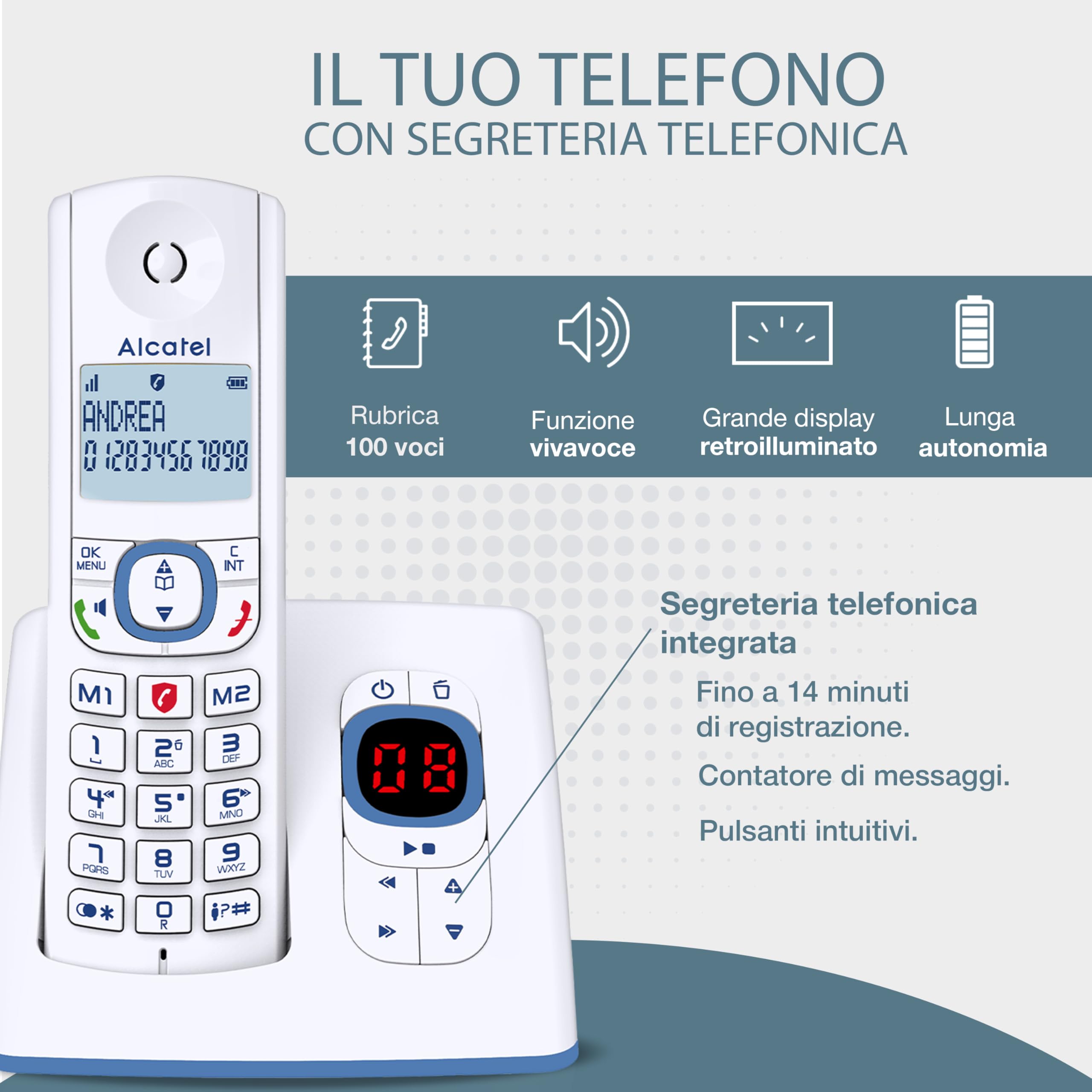 ALCATEL F530 Voice Duo - Telefono fisso cordless DECT con segreteria - Grande display retroilluminato - Vivavoce - Funzione blocco chiamate - 2 tasti di memoria diretta - 2 portatili - Bianco/Blu