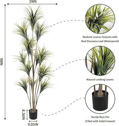 Miniatura 3 de AnTing Plantas artificiales de 8.2 pies, árbol de dracaen falso para exteriores e interiores en maceta, plantas grandes de dracaena para sala de