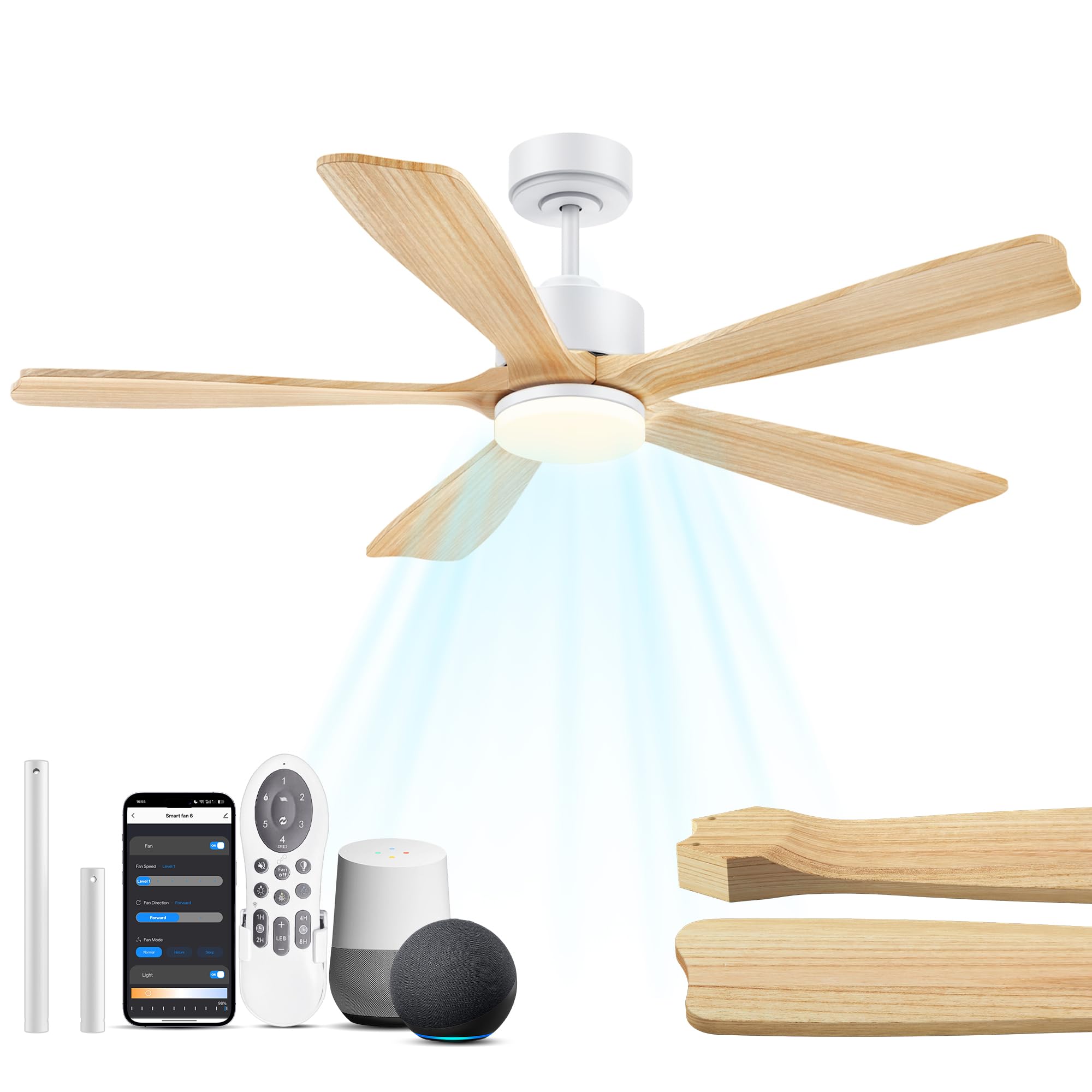 52 Inch Smart Ceiling Fan with Lights, Alexa/Google Voice Control, Quiet DC Motor, 6-Speed, Solid Wood Blades, Dimmable LED, 1-12H Timer, App & Remote