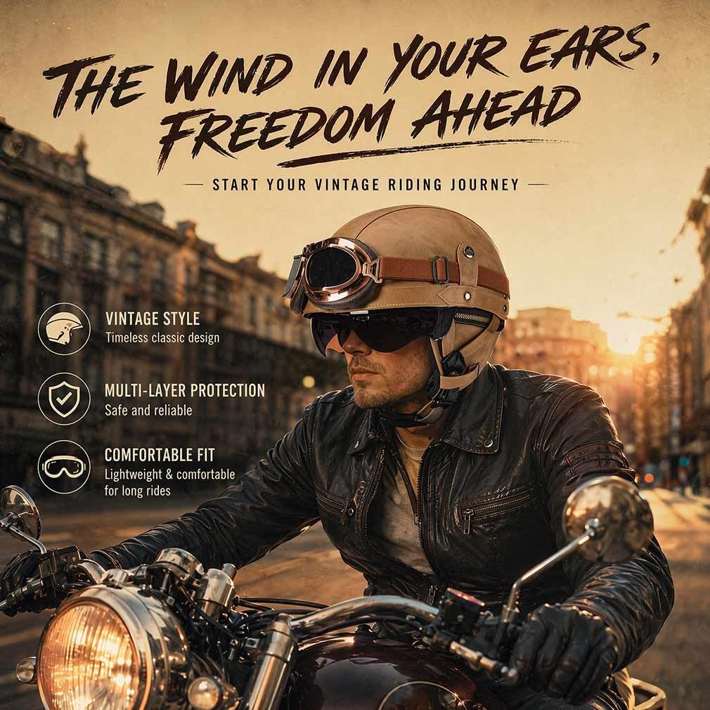 Kask motocyklowy w stylu retro, ze skóry PU, ECE 22.06, lekka powłoka ABS, zdejmowana wyściółka wewnętrzna, z okularami i osłoną twarzy, klamra szybkiego zwalniania, unisex, do miejskich i wiejskich