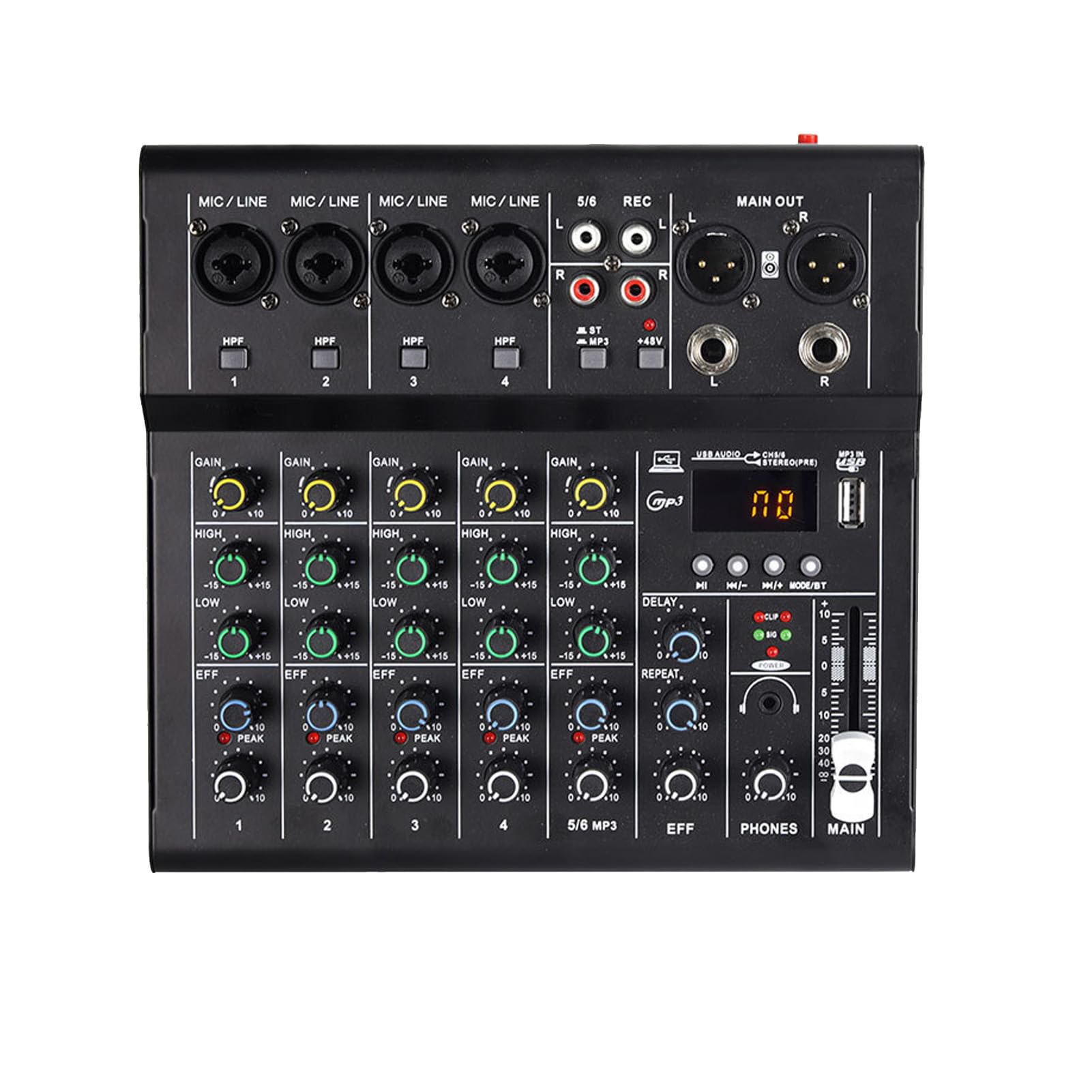 Walmeck 6-Kanal-Mini-Soundmixer, DJ-Controller, Professionelle Aufnahme-Soundkarte mit BT-MP3-Player, 48 V Phantomspeisung, Integrierter Gitarrenverstärker, Tragbare Mischkonsole für (Schwarz)