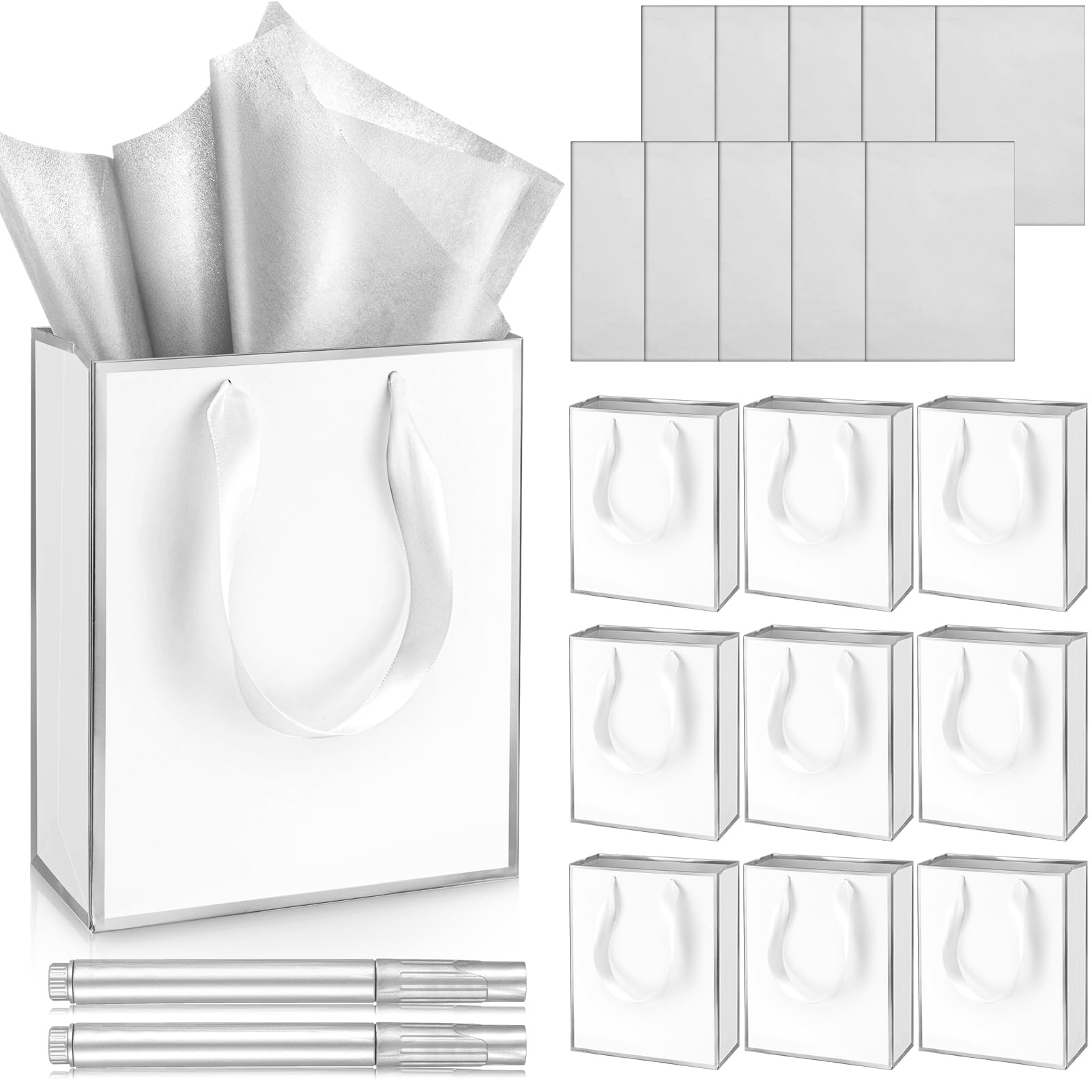 Yeaqee 10 Pack Metallic Paper Gift Bags with Handles Tissue Paper Thank You 5 Senses Gift Bag for Birthday Valentine Wedding Baby Shower Groomsmen