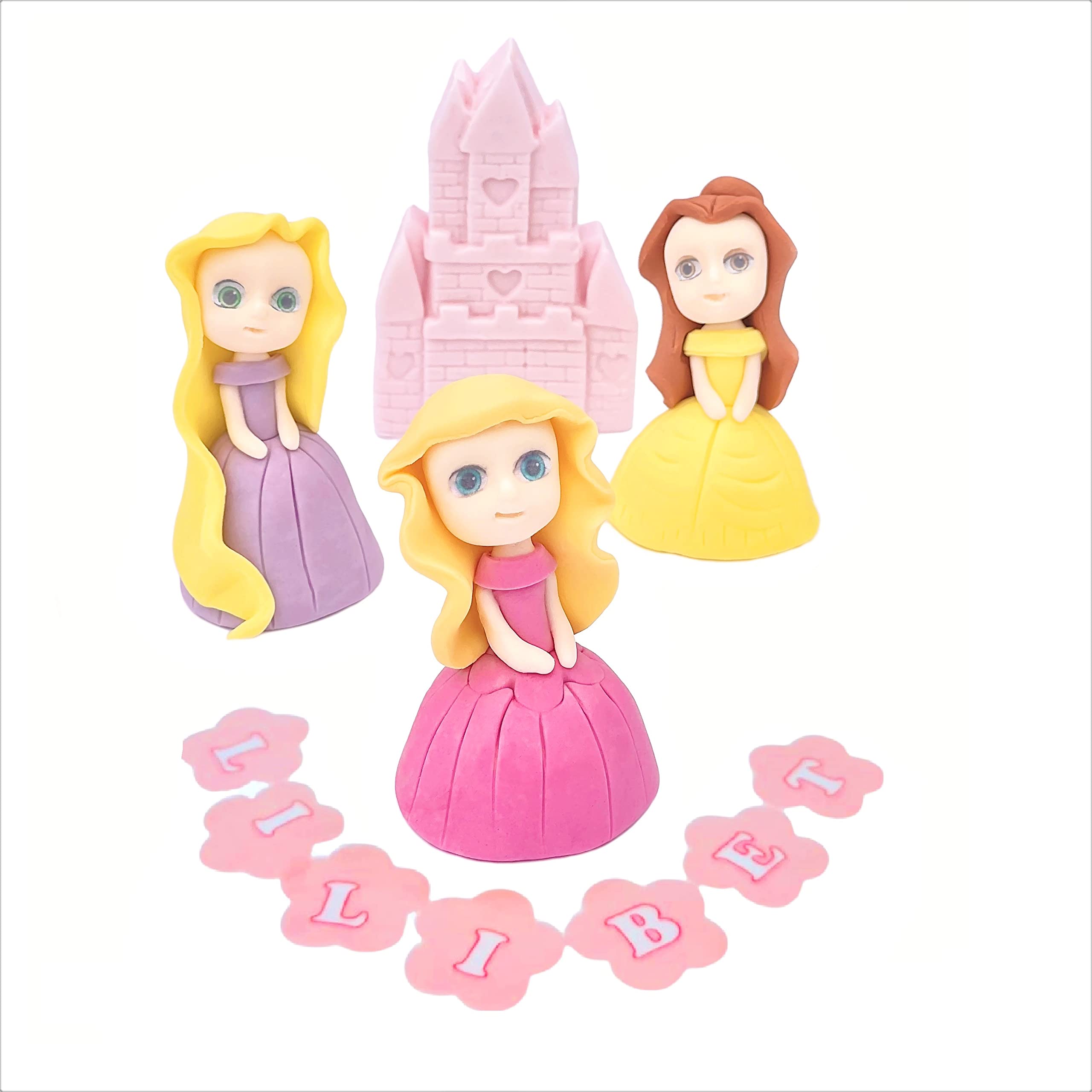 SugArt Personalised Princess Cake Toppers Set - Princess Castle Girls Birthday Party Wedding Baby Shower Christening Cupcake Decoration Comes with an Edible Glue - 4 Pcs