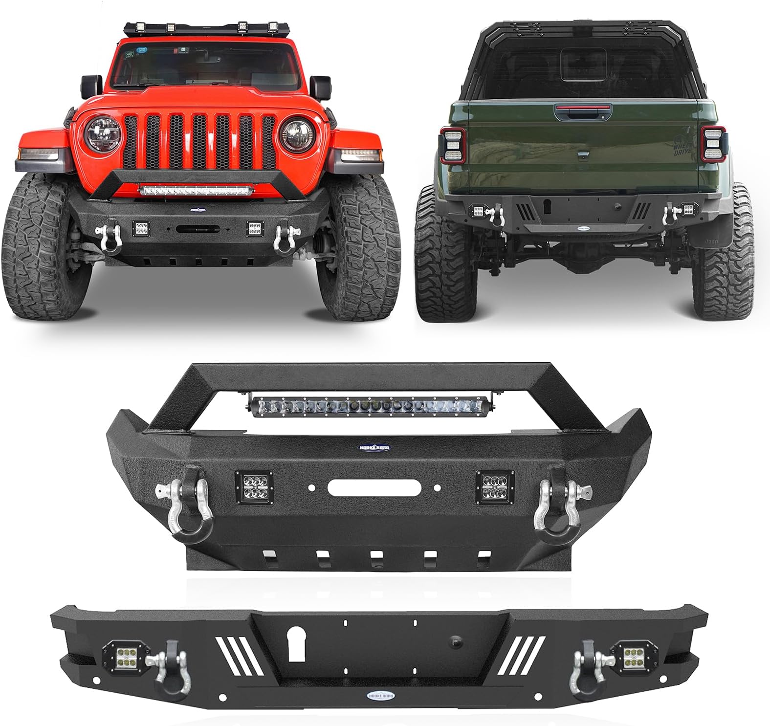 JT Bumpers - Stubby Front Bumper + Rear Step Bumper for Jeep Gladiator JT 2020 2021 2022 2023 2024 2025 2026 Truck - Offroad Bumper Kit w/Winch Plate & D-Rings & LED Lights