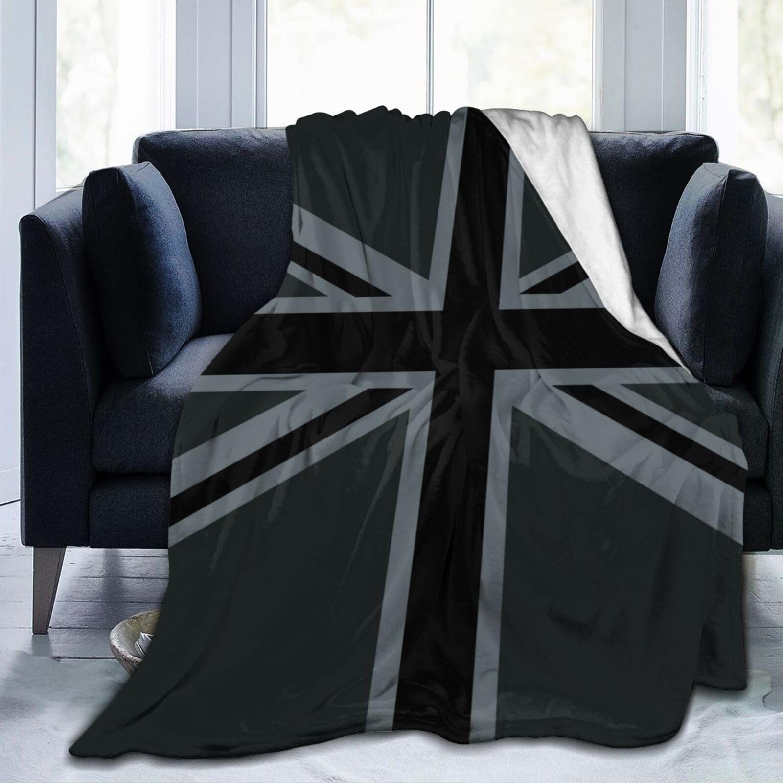 Black Union Jack Flag Blanket Throw Blanket Ultra-Soft Cozy Micro Fleece Blanket for Sofa, Bed & Travel Use-All Seasons Suitable 60"X50" Inch