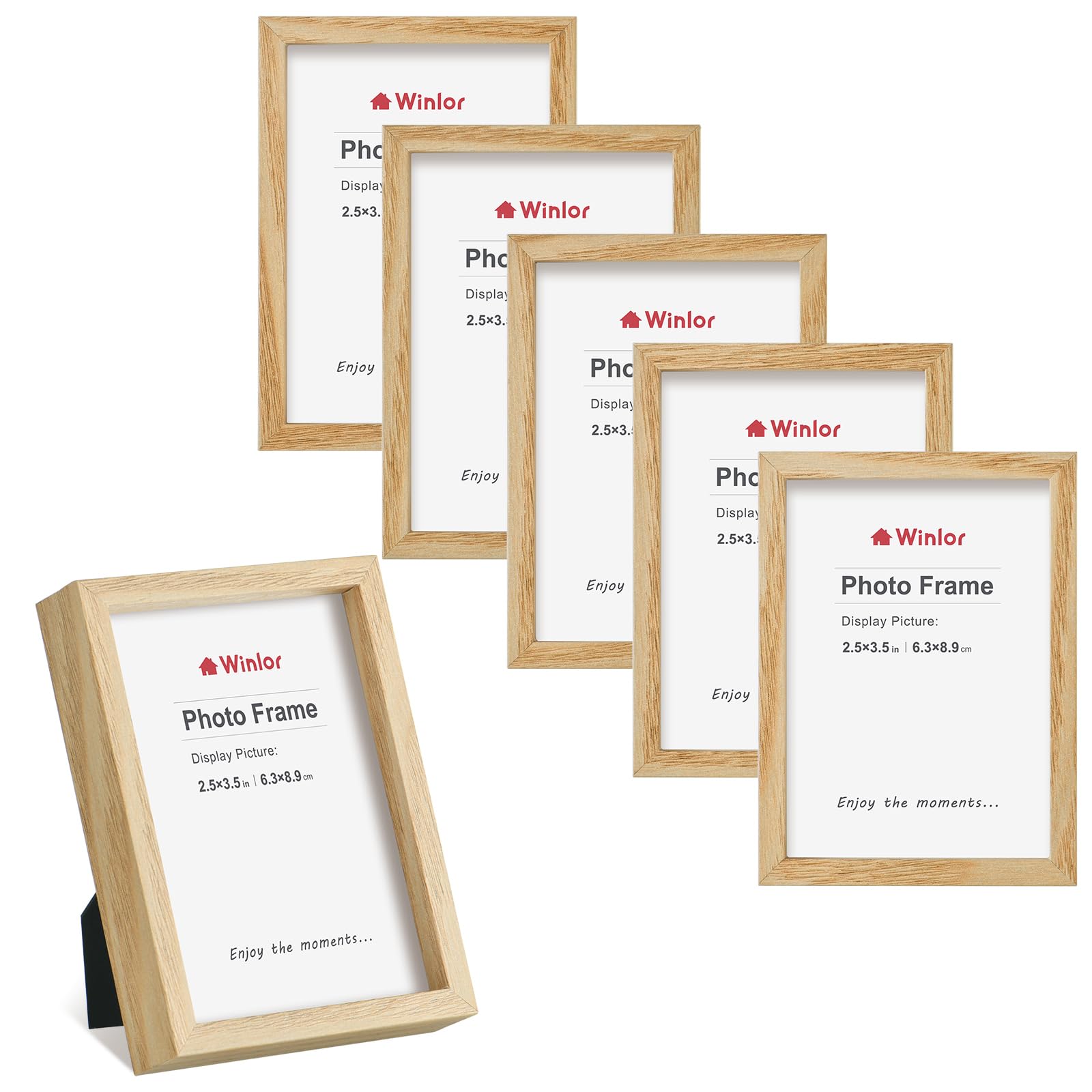 Winlor Mini Picture Frames, 6 Pack, 2.5x3.5 inch Small Photo Frames, Multi-Display Options for Desk, Shelf, Wall Mount – Perfect for Baby Photos, Polaroids, and Gifts, Natural