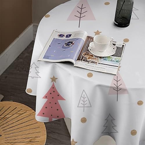 Miniatura 4 de Mantel redondo de árboles de Navidad rosa pastel con estrellas y purpurina dorada, 70 x 70 pulgadas, mantel impermeable de poliéster para cocina, al