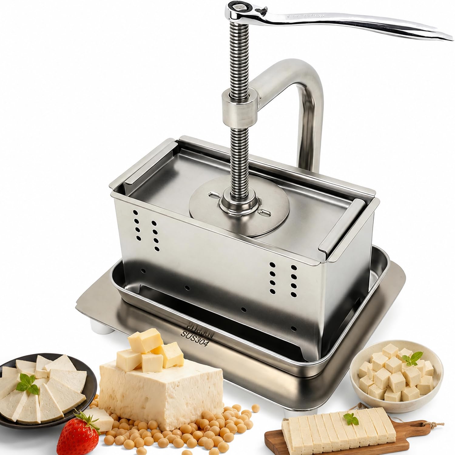 HiJiuAn Square Shape Tofu Press, 2l Capacity Lever Design, Stainless Steel Manual Press Maker For Homemade Tofu, Square Shape Tool For Cheese And Paneer Pressing