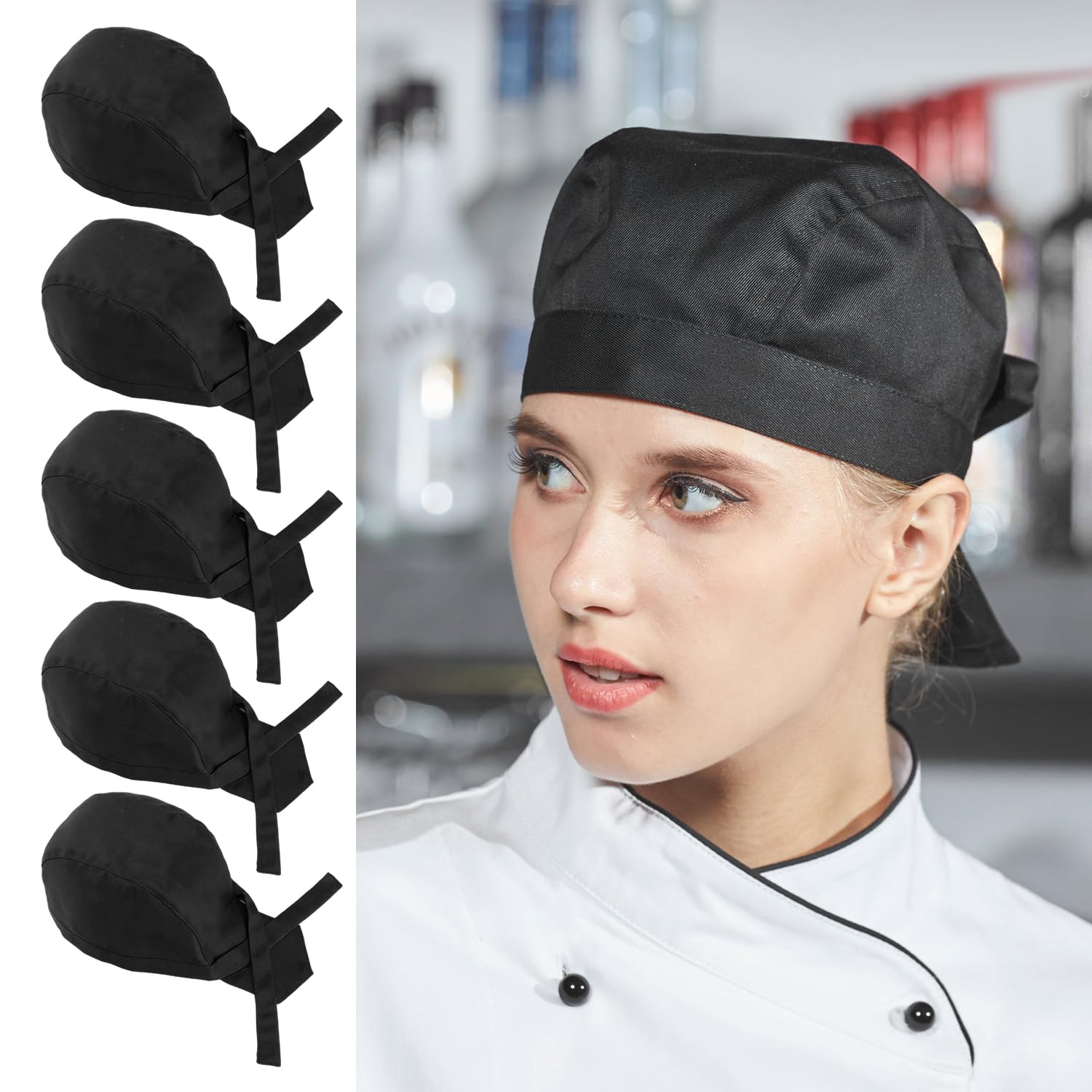 5 sztuk czapek kucharskich dla kobiet i mężczyzn, regulowana czapka, długa bandana, czapka kucharska, wysoka czapka kucharska, czapka kuchenna do gastronomii, czapka restauracyjna (czarna)
