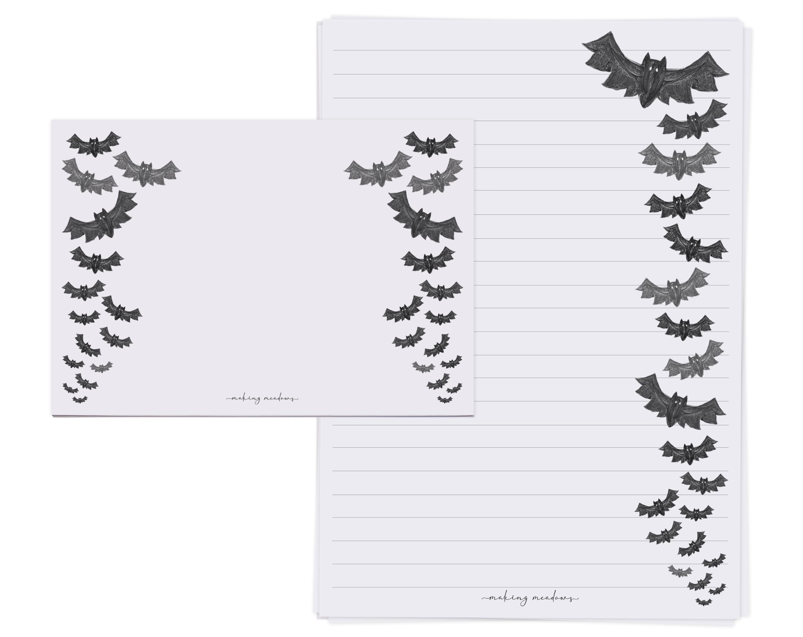 Making Meadows 20 A5 Writing Paper Sheets with 10 Matching Envelopes. Lined Letter Writing Paper with Gothic Halloween Bat Design. Printed and Packed in UK