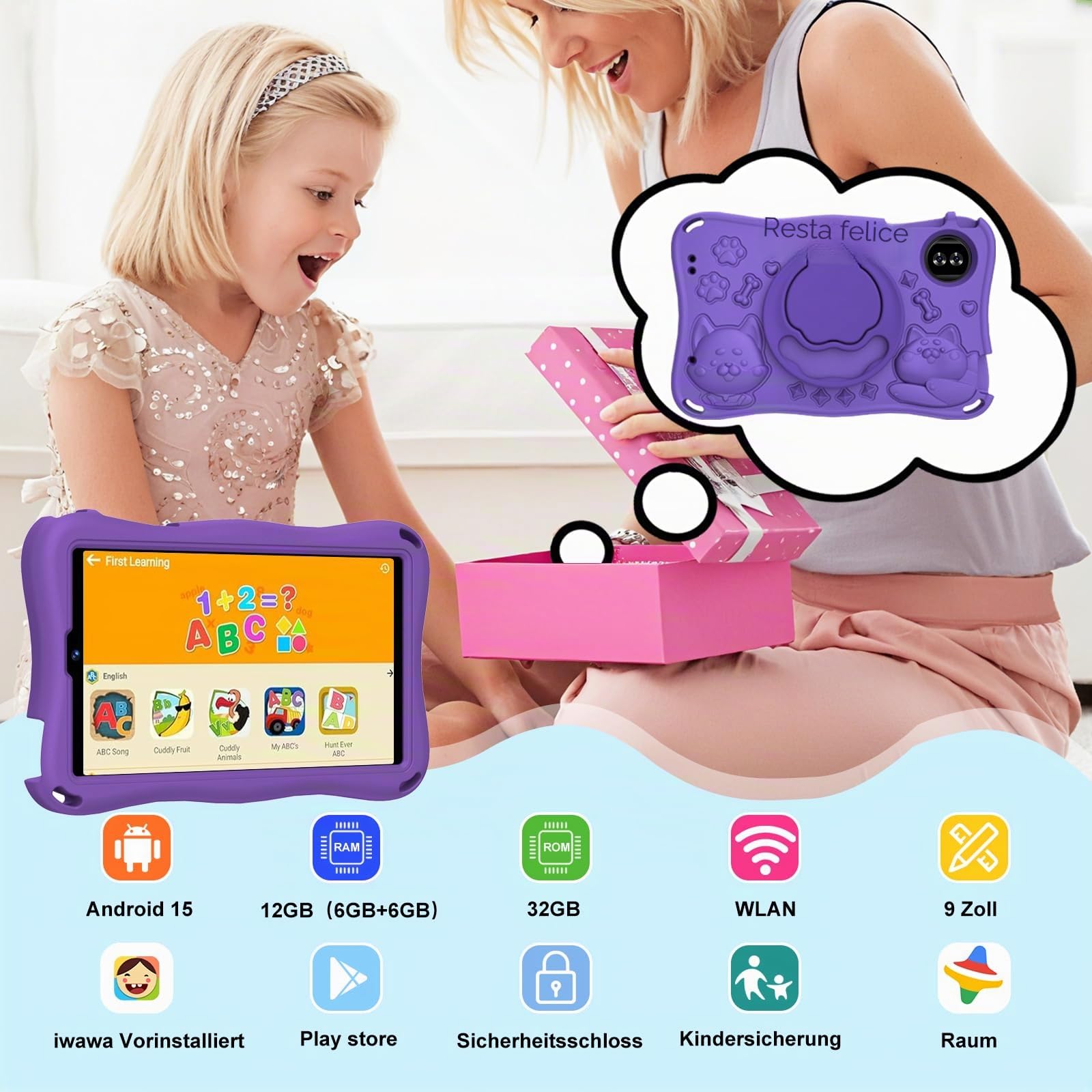 2026 Tablet per Bambini 9 Pollici Android 15 con 32GB ROM+TF 2TB, 5G WiFi, Gemini AI, Octa-Core, Widevine L1, GPS, Face ID, Protezione per Bambini, 1340 * 800, 5000mAh, BT 5.0, Tablet per