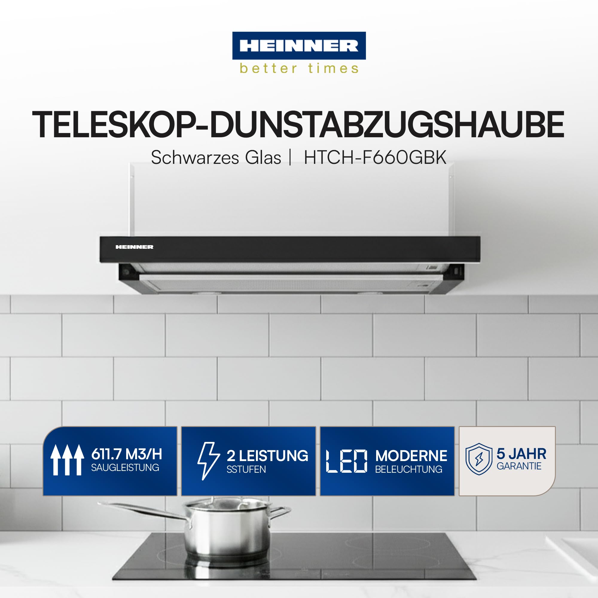 HTCH-F660GBK Einbauherd 60 cm Küchenabzugshaube 611,7 m³/h Absaugleistung LED-Beleuchtung Edelstahl-Finish