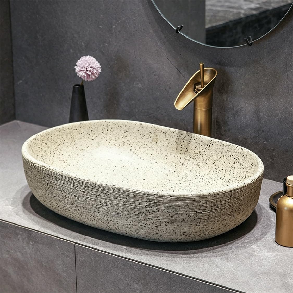 QjxSXLFSX Bathroom Vessel Sink Above Counter Bowl Sinks, High-temperature firing creates a brushed texture, for Bathroom, Hotel, Toilet, RV.,E,60×40×15cm