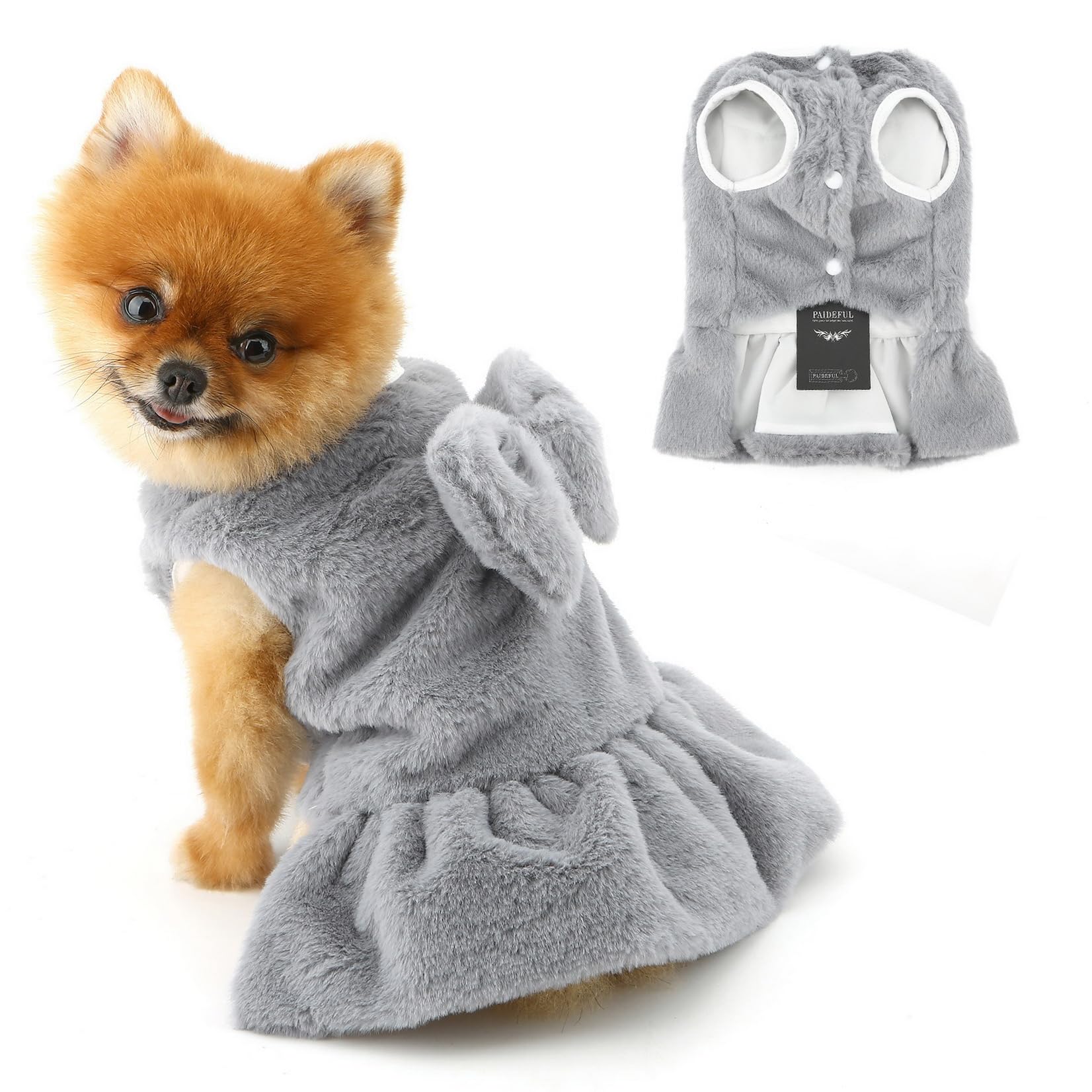 PAIDEFUL Fluffy Puppy Dress for Small Dogs Thicken Warm Fleece Doggie Jumper Cold Weather Windproof Pet Skirt Coat Fashion Solid Chihuahua Clothes Cat Apparel with Bow-Knot Botton D-ring,Gray,S