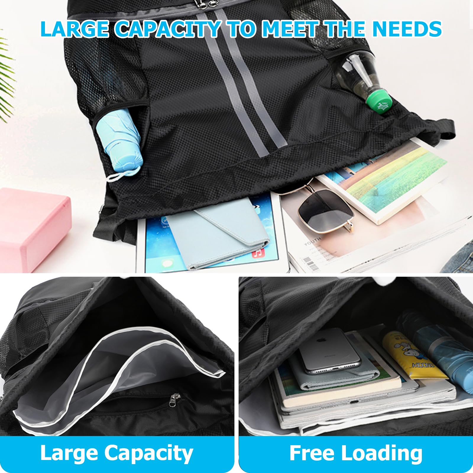 JAWAI Mochila Impermeable con Cordón, Ajustable Casual Saco Gimnasia, Impermeable Saco de Gimnasia con Bolsa Seca Húmeda Separada, para Acampar, Yoga, Fitness, Viajes, Montañismo (Negro)