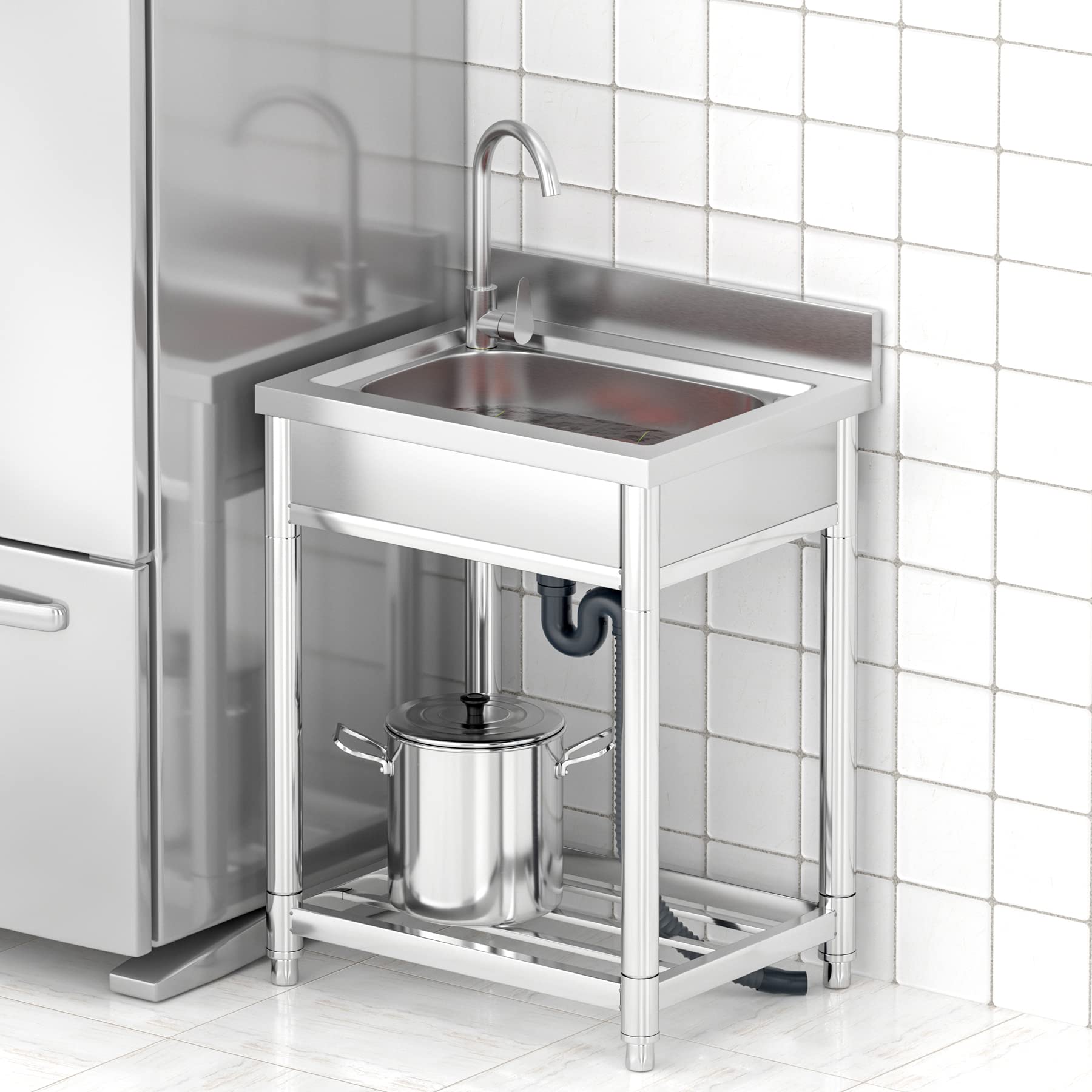 Évier Inox de Cuisine 1 Bac Professionnel, 55 x 50 x 94 cm Évier Inox Autoportant avec Robinet et Accessoires, Évier Extérieur et Intérieur, Plonge Inox pour Cuisine, Restaurant, Garage, Jardin