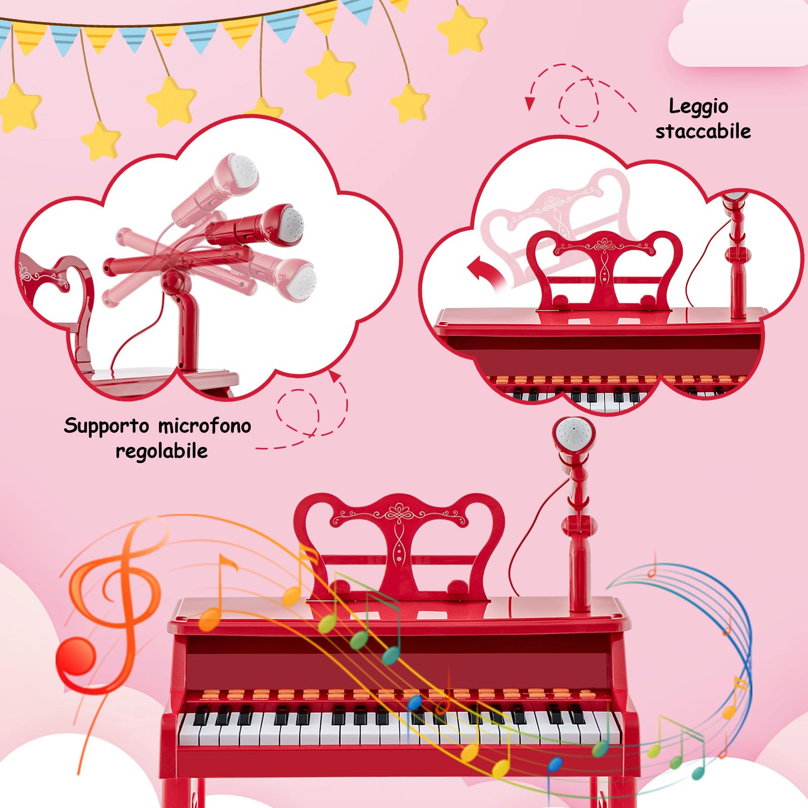 COSTWAY Set Pianoforte Elettrica a 37 Tasti, Tastiera Digitale con Microfono Regolabile, Supporto Rimovibile, Funzioni di Record e Playback, Pianoforte Giocattolo per Bambini 3+Anni (Rosso)