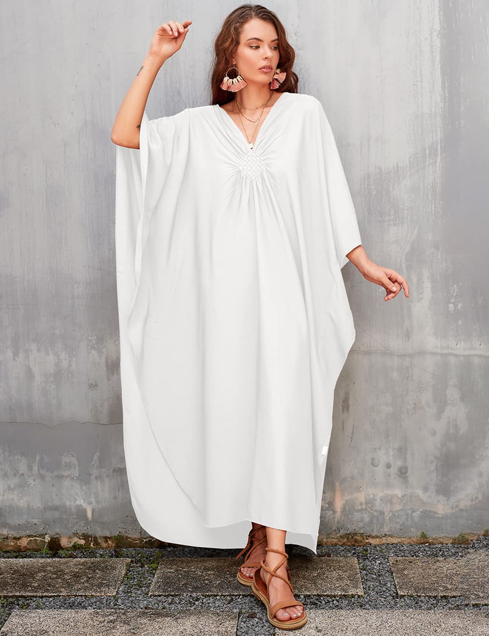 Bsubseach Donna Tinta Unita Coprente con Scollo A V Manica A Pipistrello Plus Size Beach Kaftan Abiti