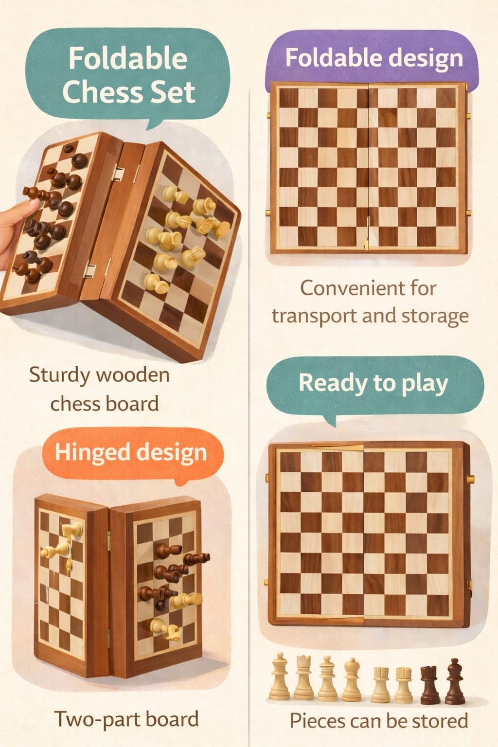 Magnetisches Schachspiel aus Holz – 25,4 cm faltbares Reise-Schachbrett für Erwachsene und Kinder, handgefertigtes Akazienholz-Spiel mit Ablagefach, dekoratives mittleres Schachset für Geschenk und