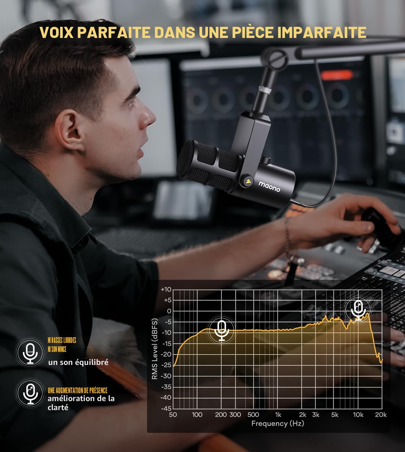 MAONO Micro dynamique, USB/XLR Podcast PC microphone avec logiciel, égaliseur, Tap-to-Mute, régulateur de gain et contrôle du volume, Pour Streaming, Gaming, Enregistrement Vocal(PD400X)