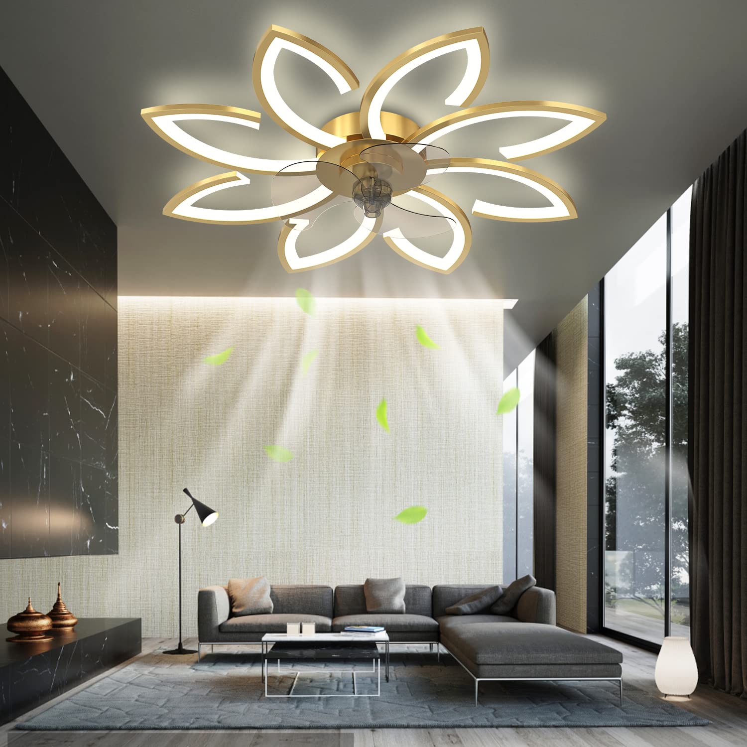 35''Ceiling Fans with Lights and Remote, Modern Bladeless Home Flush Mount Ceiling Fan, Dimmable 6 Speed Reversible Blades, Living Room Low Profile Ceiling Fan(Gold)