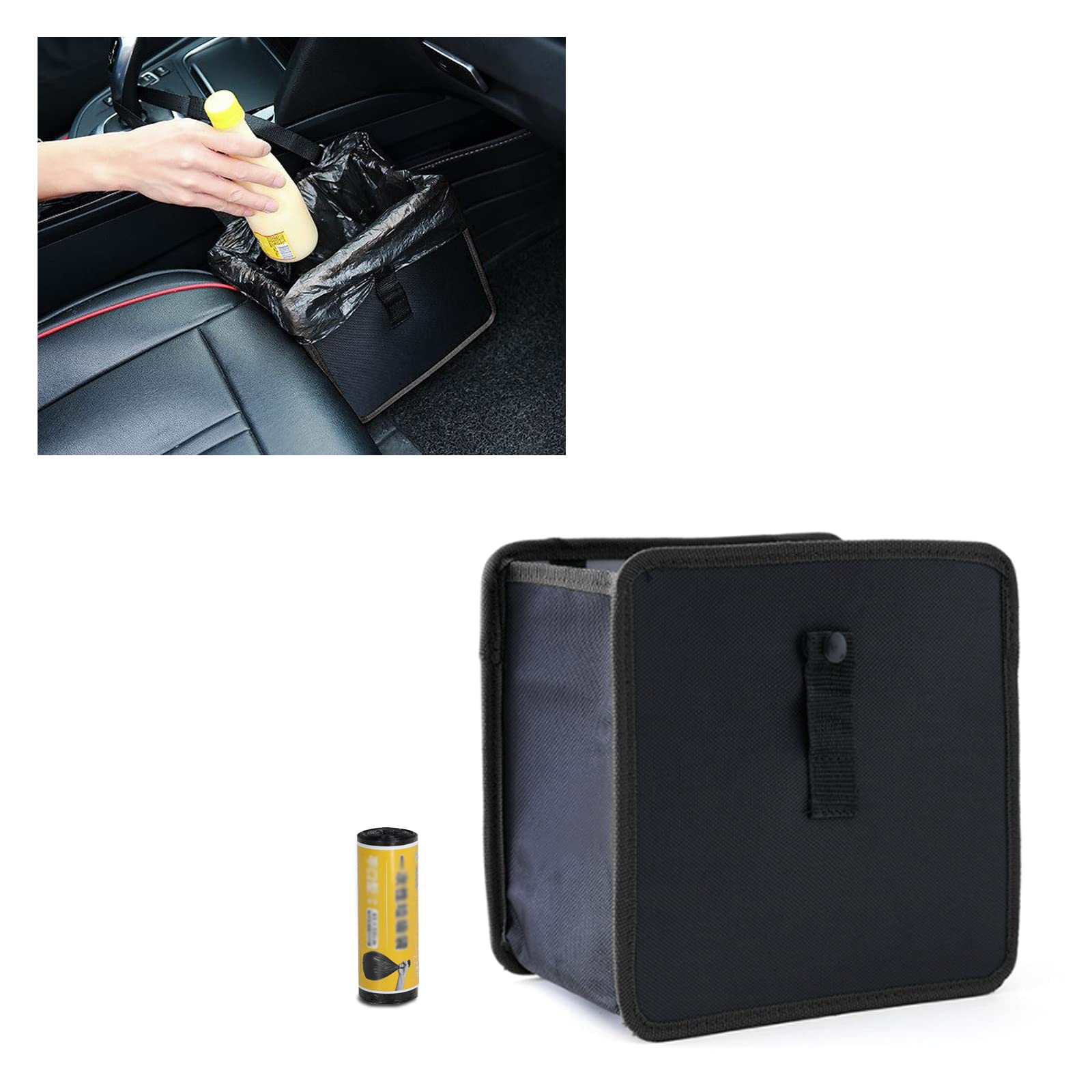 cueclue Pack-1 Car Suspension Type Trash Can, Premium Waterproof Storage Bag, Folding Trash Can, 8.7" x 8.7" x 5.7" Storage Box with 50 Garbage Bag, Universal for Cars, Sedans, SUVs (Black)