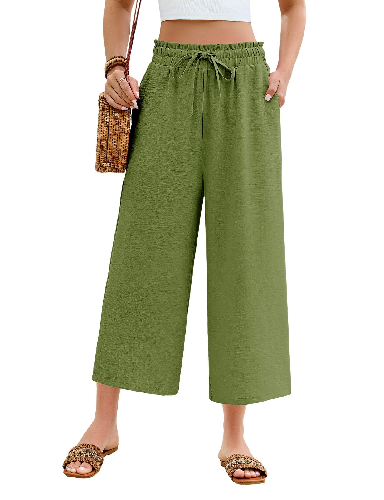 PASUDA Sommerhose Damen Leicht 3/4 Culotte Hose Sommer Weite Bein Freizeithose Elastisch Hohe Taille Elegant Caprihose Locker Bequeme Luftig Stoffhose Lässig Musselin Hosen Strandhose