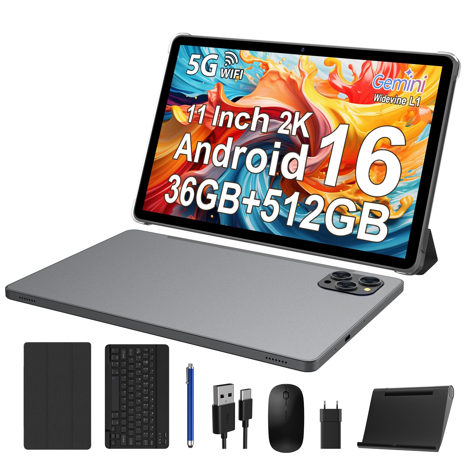 Tablet Android 16,36GB+512GB/2TB Tablet 11 Pollici,8000mAh,Octa Core,13MP+8MP,90Hz Netflix 1080P/Widevine L1/5G WiFi/BT5.0/Face ID/OTG/GPS,Tableta con Tastiera,Mouse,Grigio