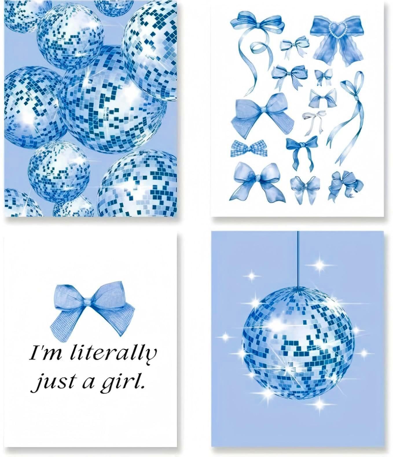MINWEGI Preppy Room Decor, Posters for Bedroom, Set of 4 Blue Wall Art Bow Annabel's Disco Posters Aesthetic Room Decor Girls Bedroom Decor Trendy Wall Art for Living Room Unframed 20x15cm