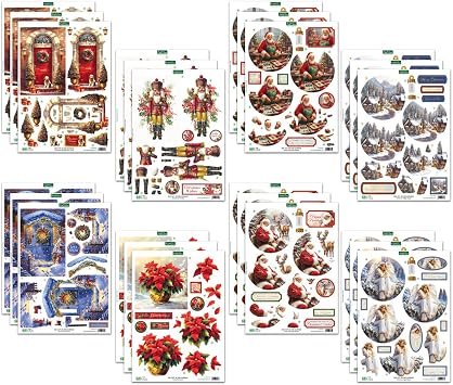 Katy Sue Joyful Christmas 3D Die-Cut Decoupage Pack. 24 Pre-Cut Festive Die Cut Decoupage Paper Sheets for Christmas Card Making Supplies Featuring 8 Different Designs