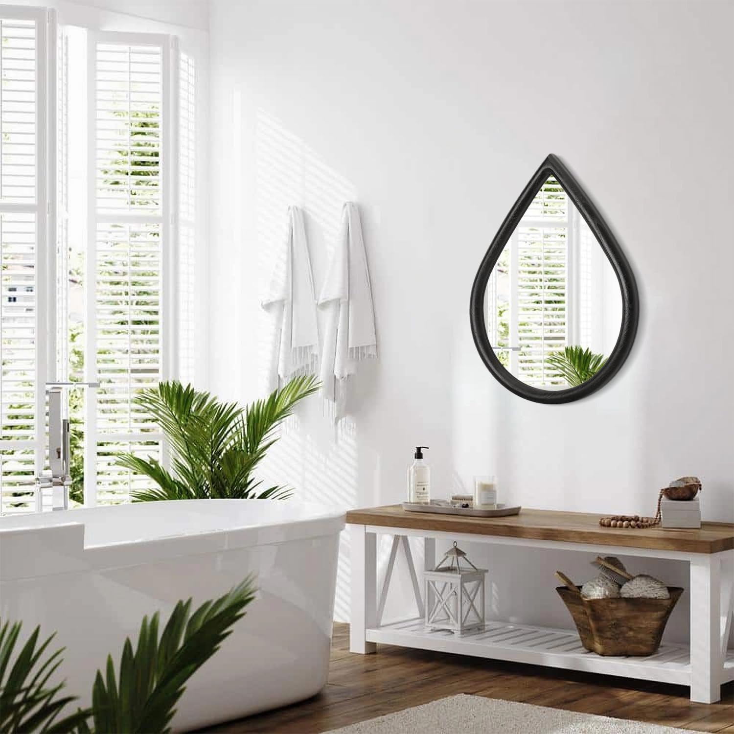 FEUFOAM Wandspiegel met houten frame - rustieke witte druppel boerderij ovale kleine decoratieve spiegel voor badkamer, woonkamer, entree, hal FEUFOAM Wandspiegel met houten frame - rustieke witte druppel boerderij ovale kleine decoratieve spiegel voor badkamer, woonkamer, entree, hal