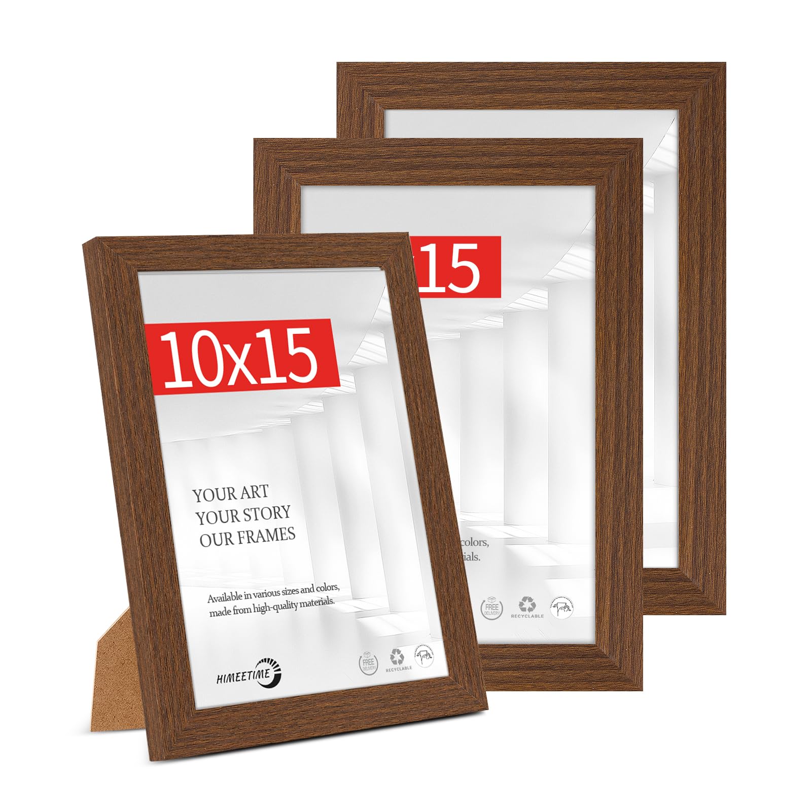 HIMEETIME® 3x Photo Frame 10x15cm, Brown Wood Picture Frame 4x6 inches with HD Perspex and Stand for Tabletop or Wall Hanging