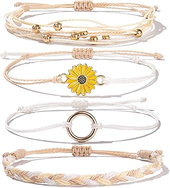 Sunflower String Bracelet Handmade Braided Rope Charms Boho Surfer Bracelet for Teen Girls Preteens Women