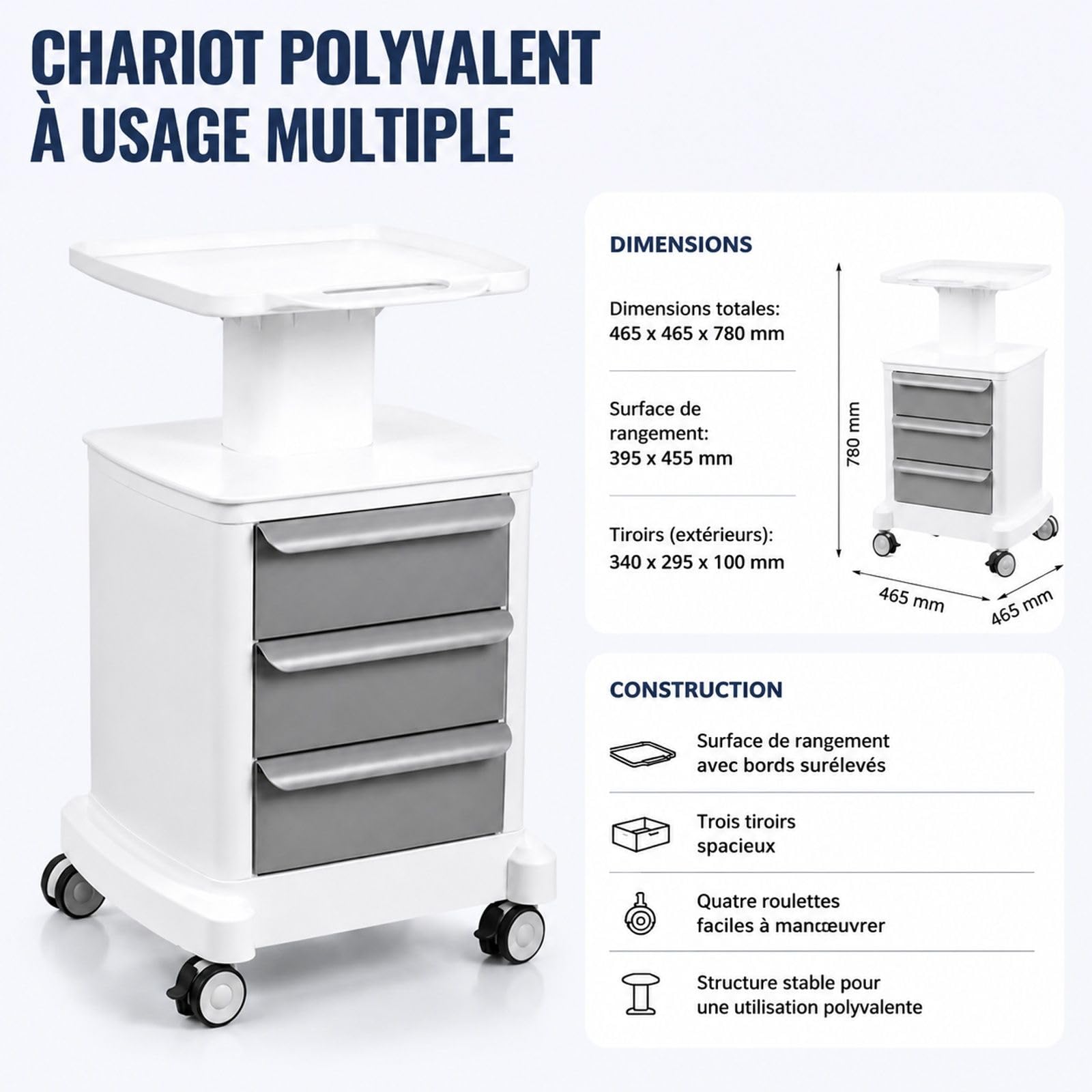 Chariot de Laboratoire 4 Niveaux avec 3 tiroirs, Blanc, Chariot Roulant pour Laboratoire, Bureau et Rangement