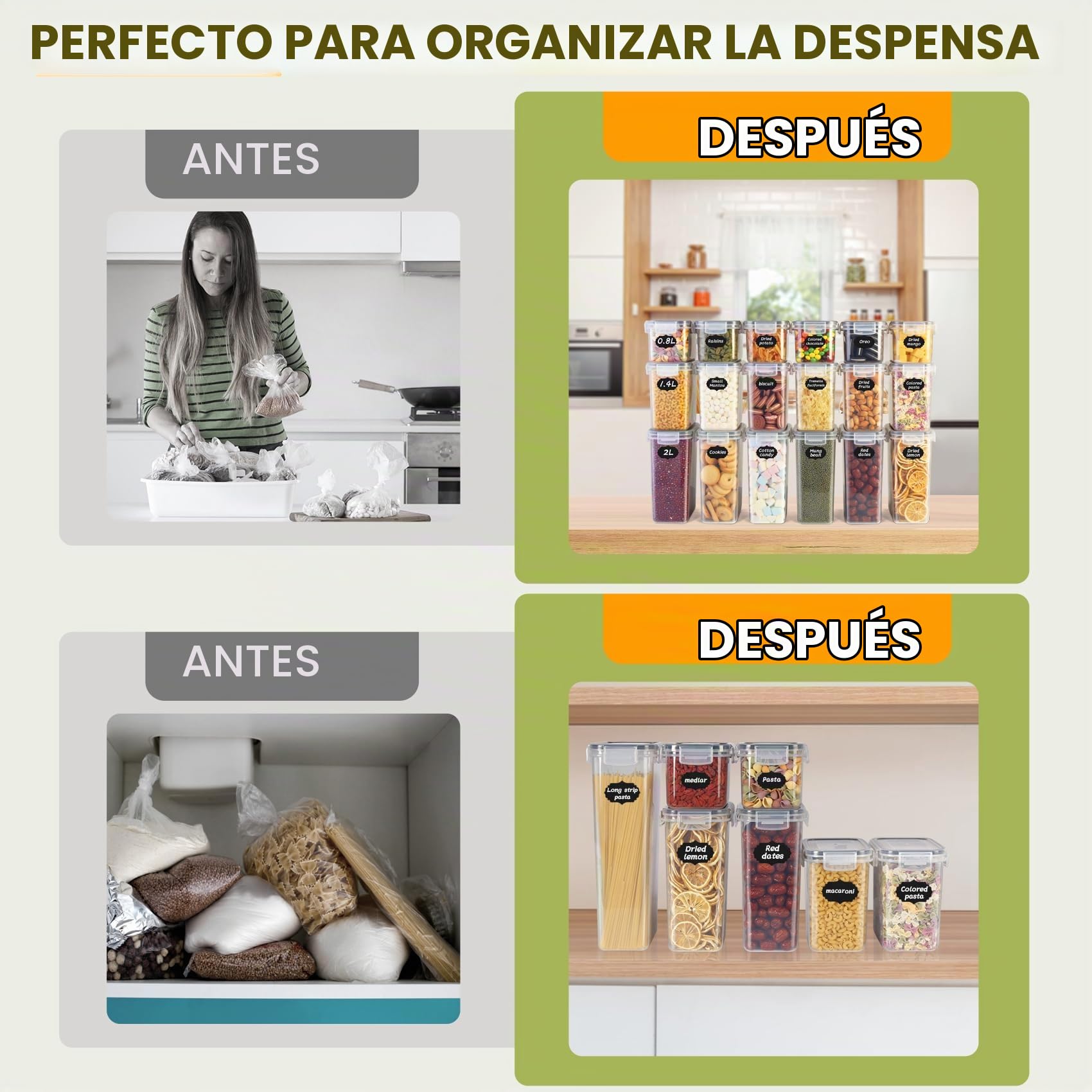 Cinnani 2.8L Botes Cocina Almacenaje 6 Piezas, Recipientes para Alimentos de Plástico, sin BPA, Botes Cocina Hermeticos Contenedores para Cereales, Pasta, Arroz, Harina